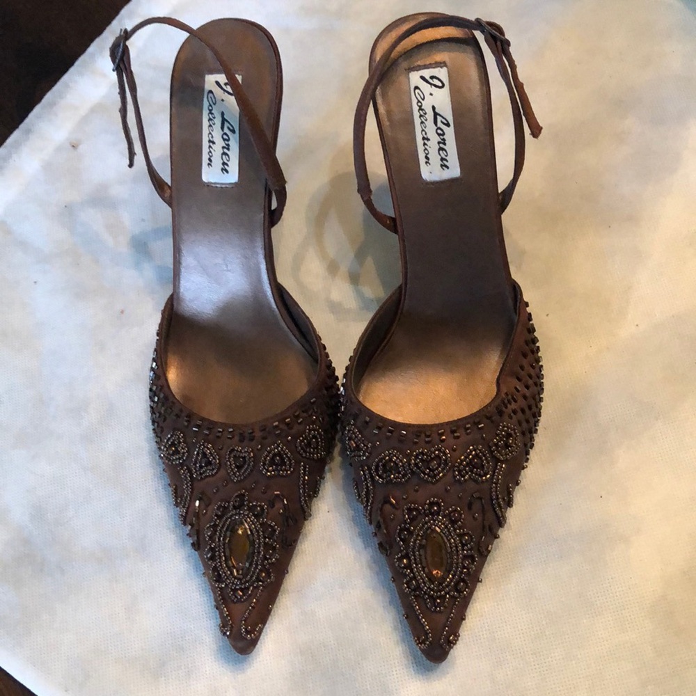 Moved J. Loren Formal Crystal embellish silky fabric back strap lthr sole heels